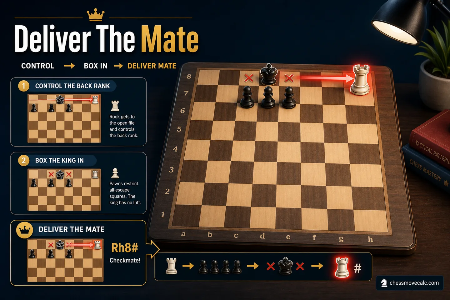 Tactical graphic showing a simple attacking sequence and final mating board