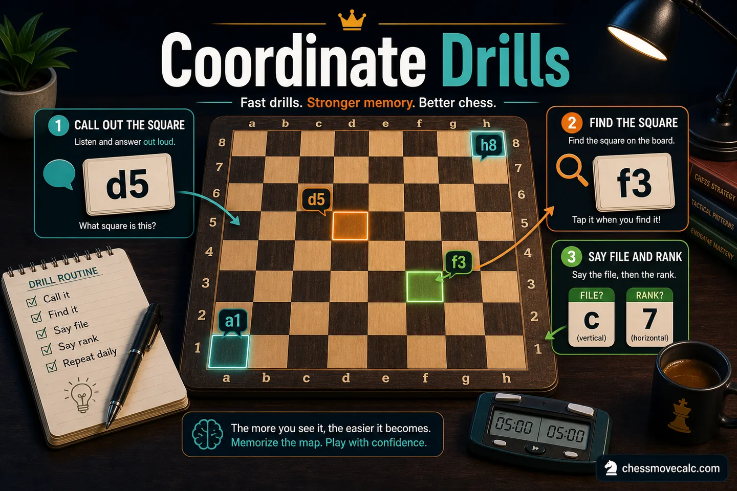 Practice graphic showing quick coordinate drills like find e4 and locate h7