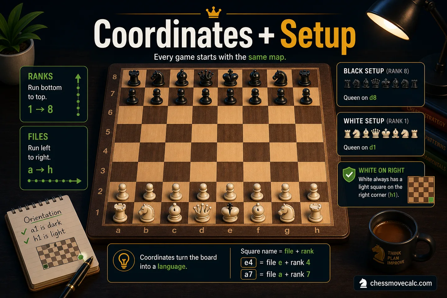 Practical graphic showing d1 e1 d8 and e8 in the center setup