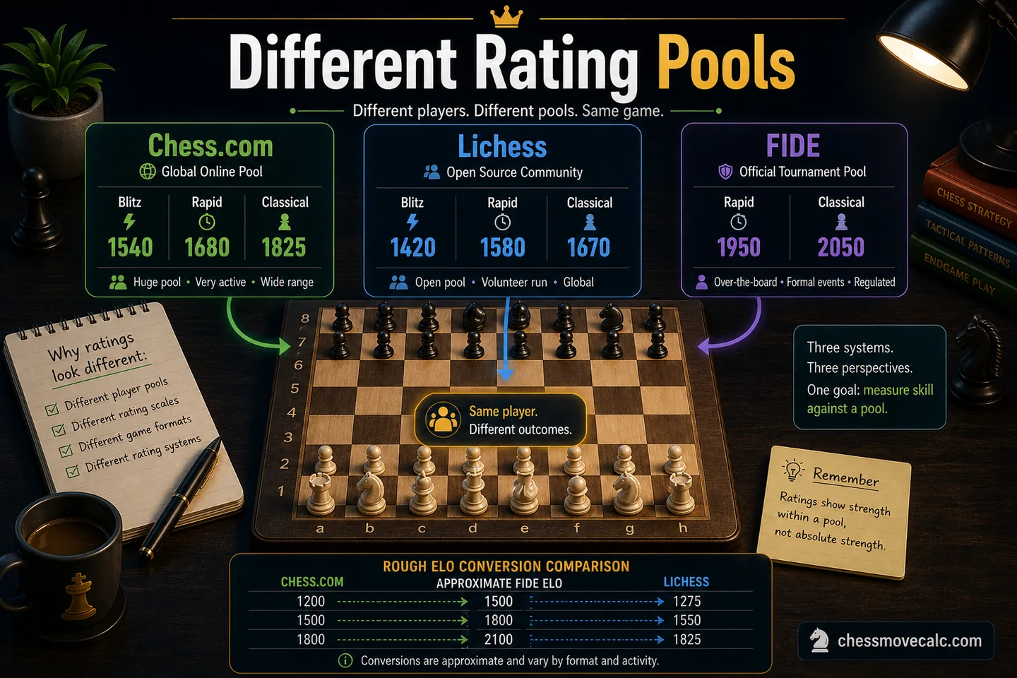 Comparison graphic showing different rating pools and update systems across major platforms