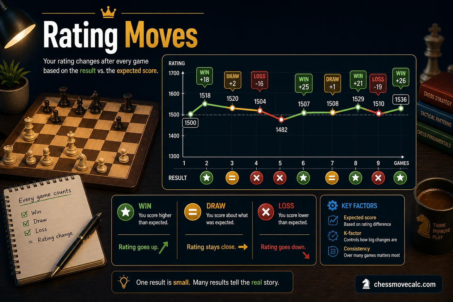 Comparison graphic showing wins, draws, and losses against equal, stronger, and weaker opponents