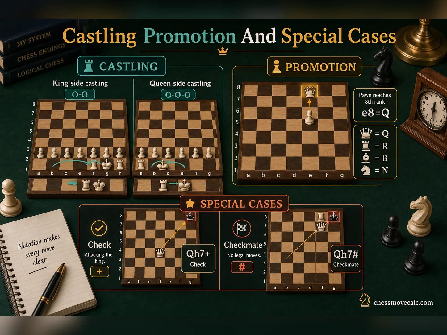 Infographic explaining castling promotion and special notation cases in chess