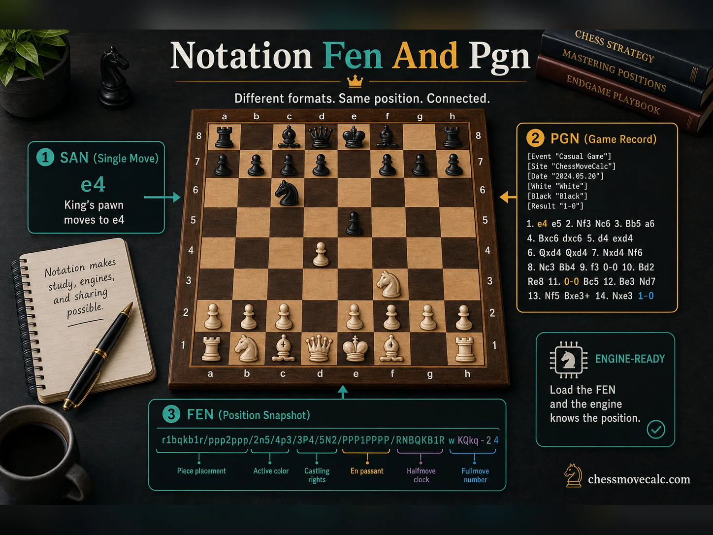 Infographic showing how chess notation connects to FEN and PGN
