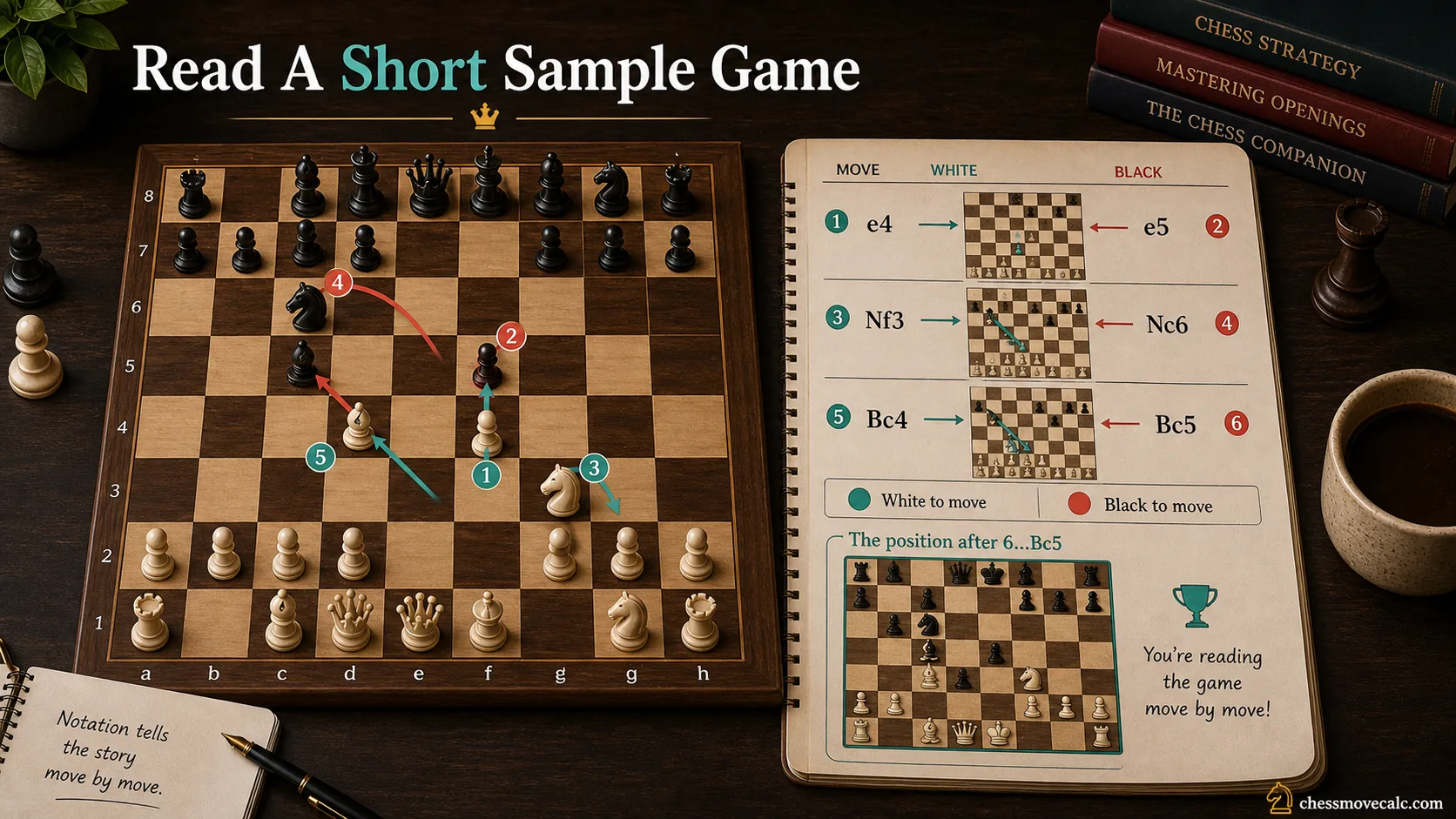 Infographic showing how to read a short sample chess game move by move