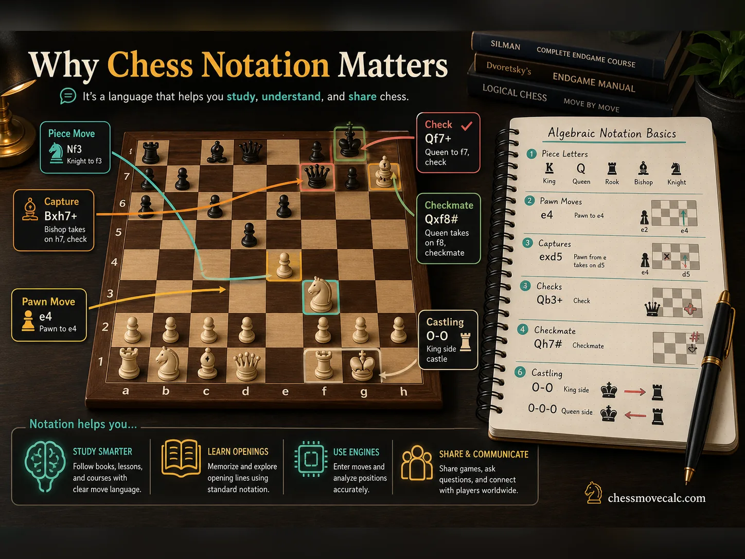 Infographic showing why chess notation matters for study, openings, engine use, and sharing positions