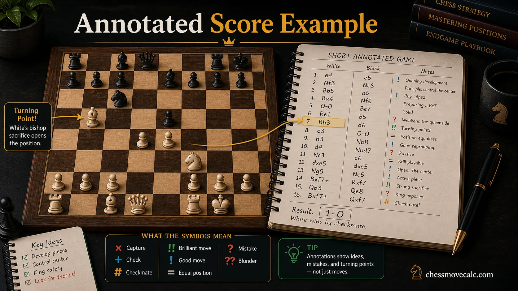 Infographic showing a short annotated chess score with notation symbols highlighted