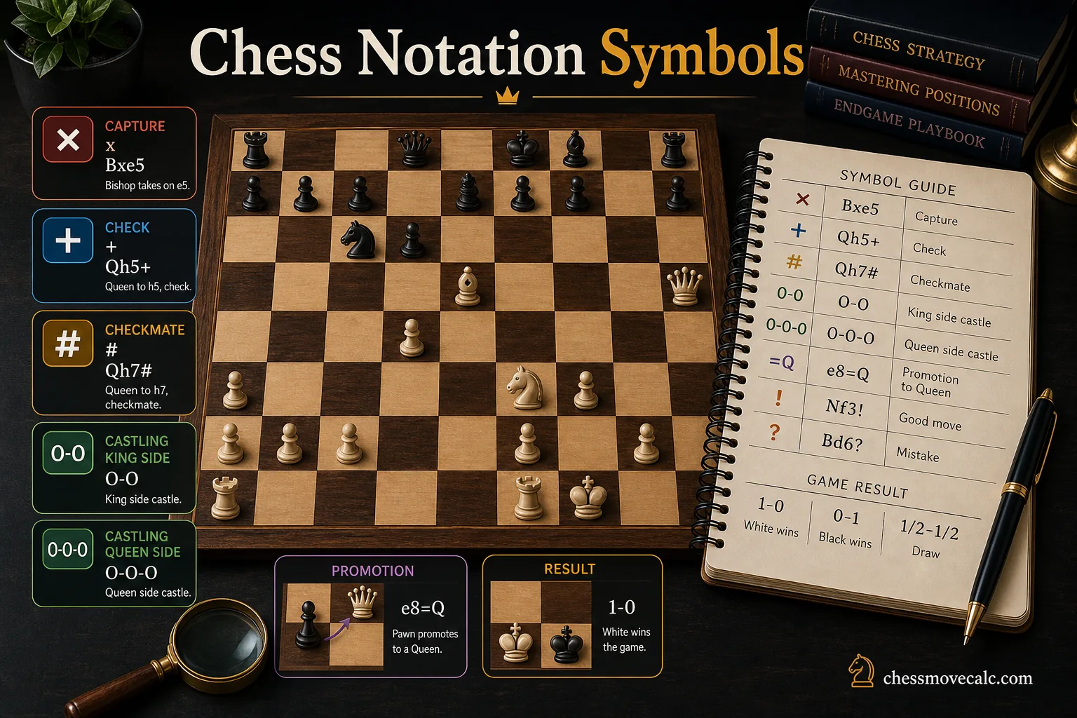 Infographic cheat sheet of common chess notation symbols