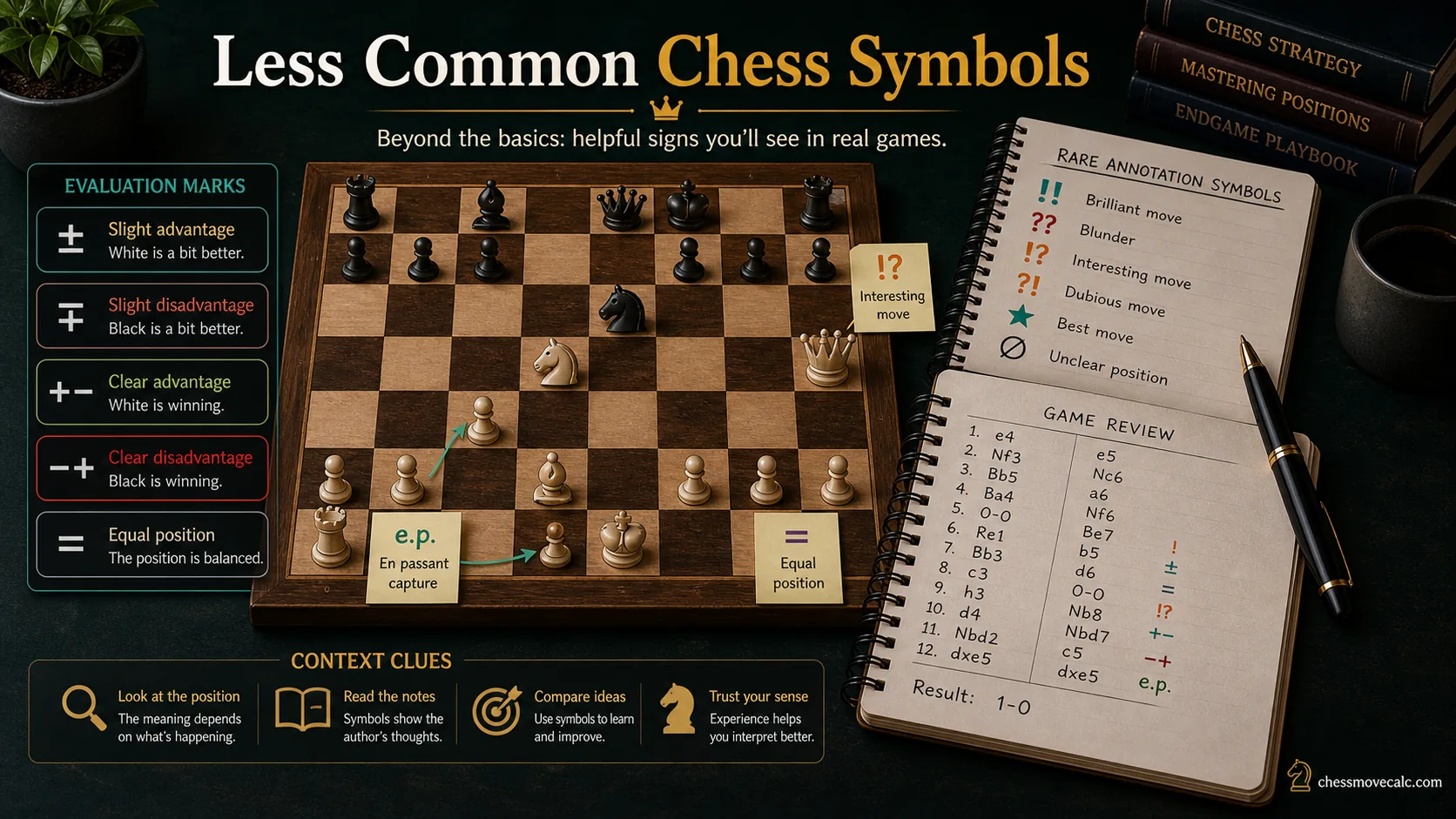 Infographic showing less common chess notation symbols like e.p. plus-minus and equal signs