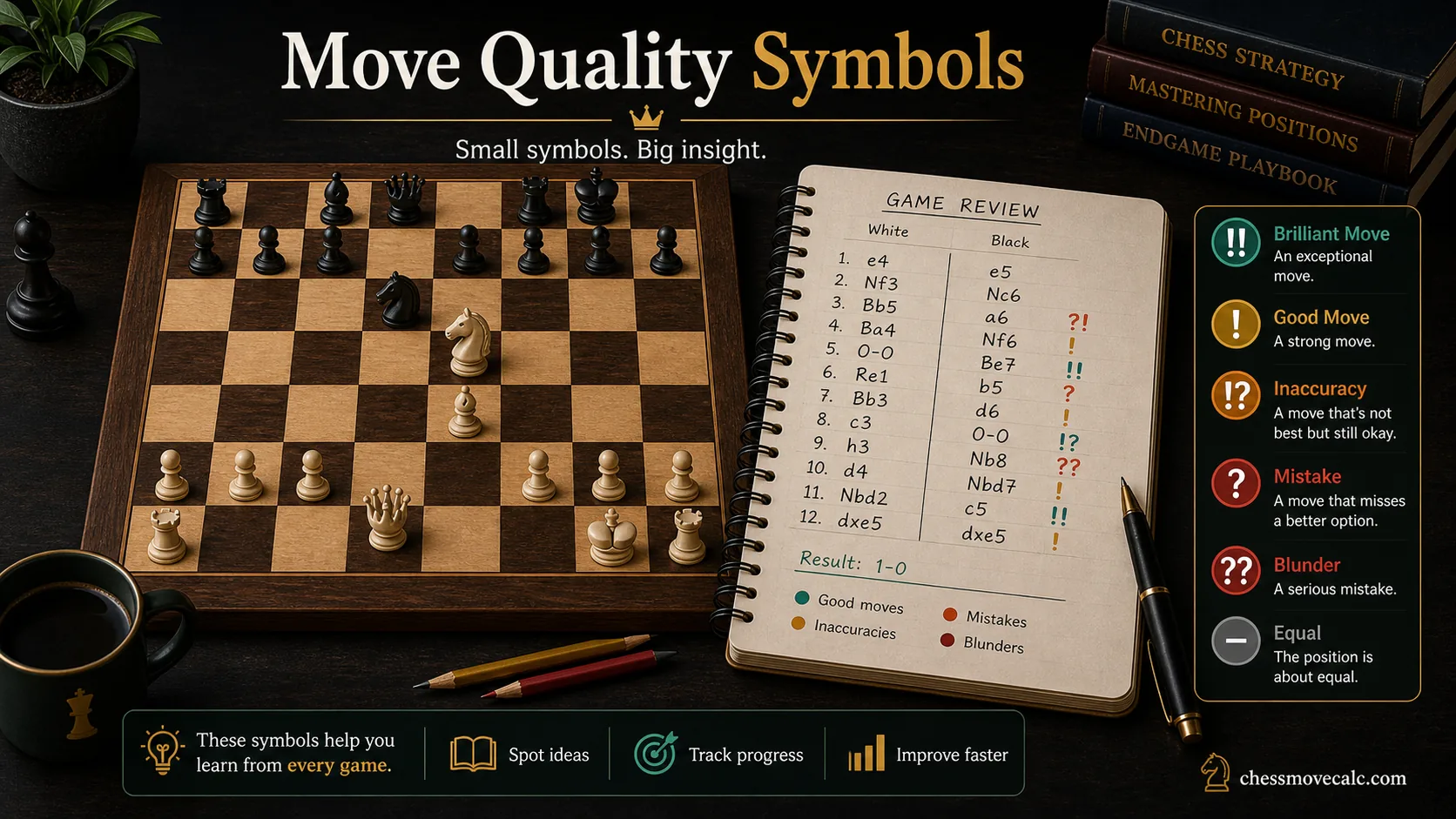Infographic showing move quality annotation symbols such as exclamation marks and question marks