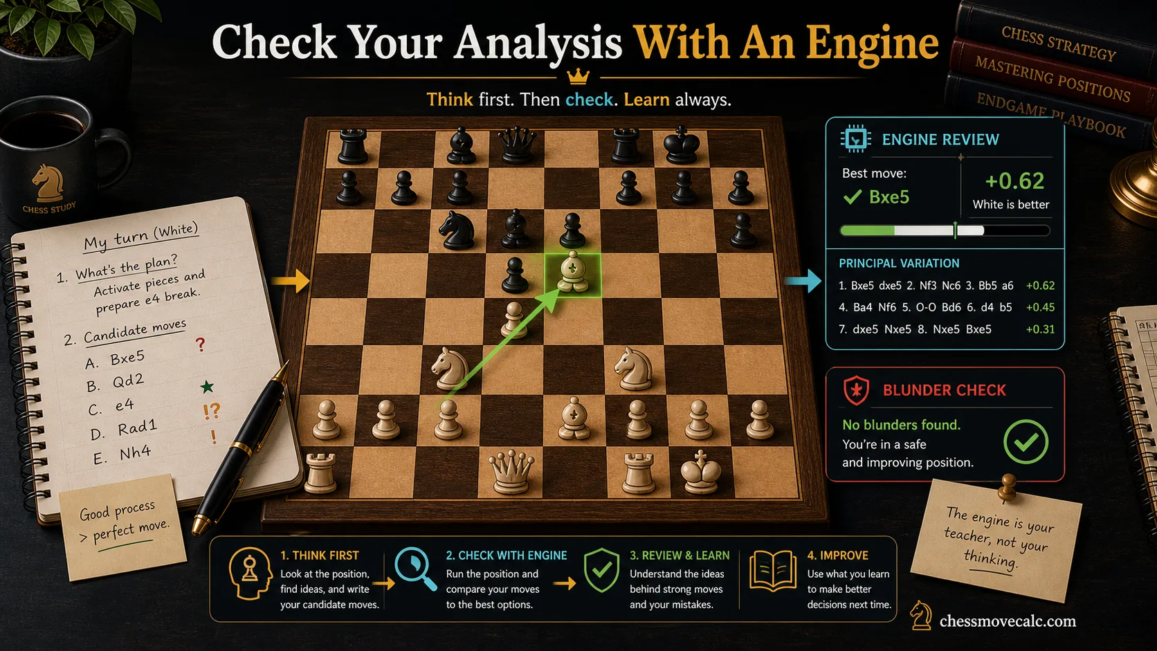 Workflow infographic showing how to verify manual position analysis with a chess engine