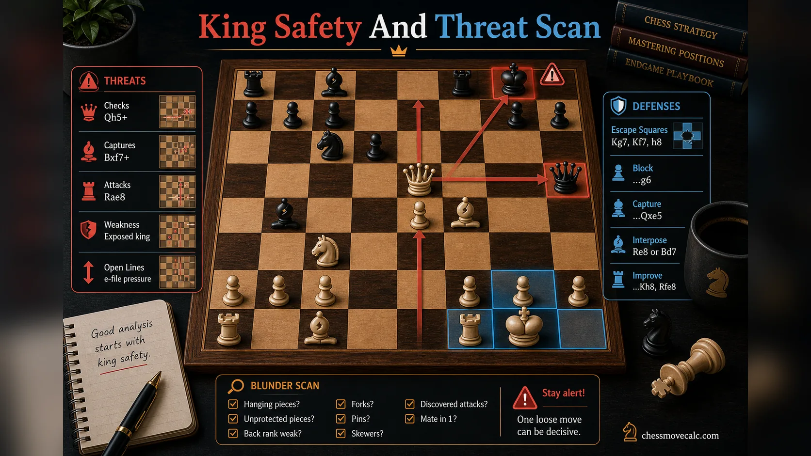 Infographic showing how to scan king safety and tactical threats in a chess position