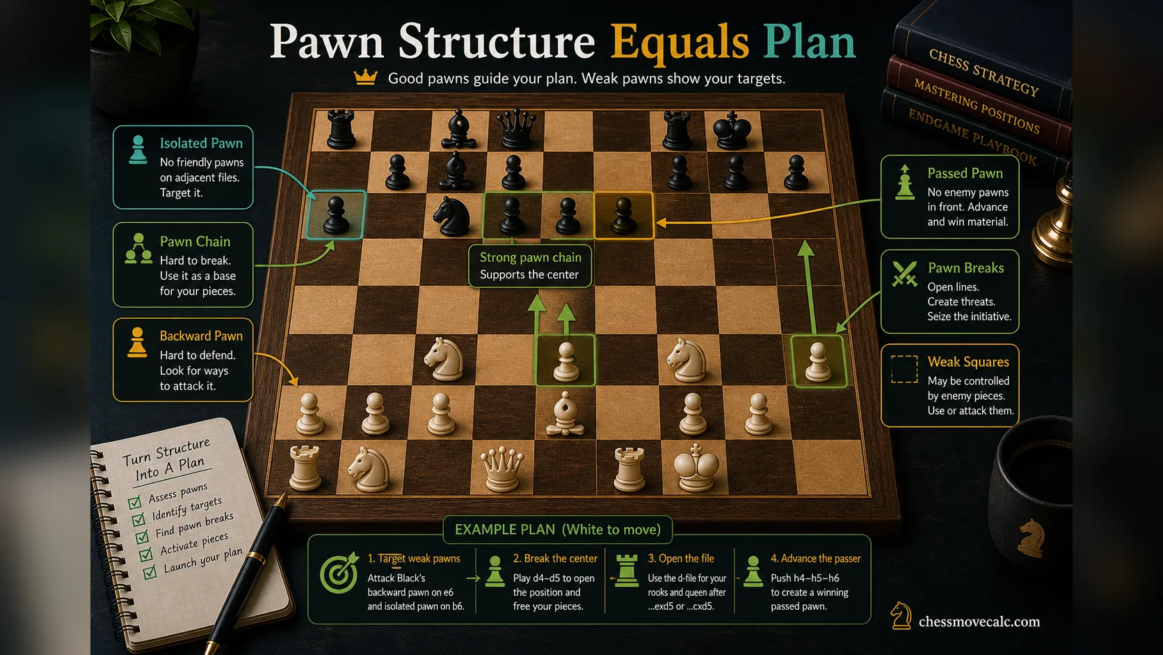 Infographic showing how pawn structure creates plans in chess