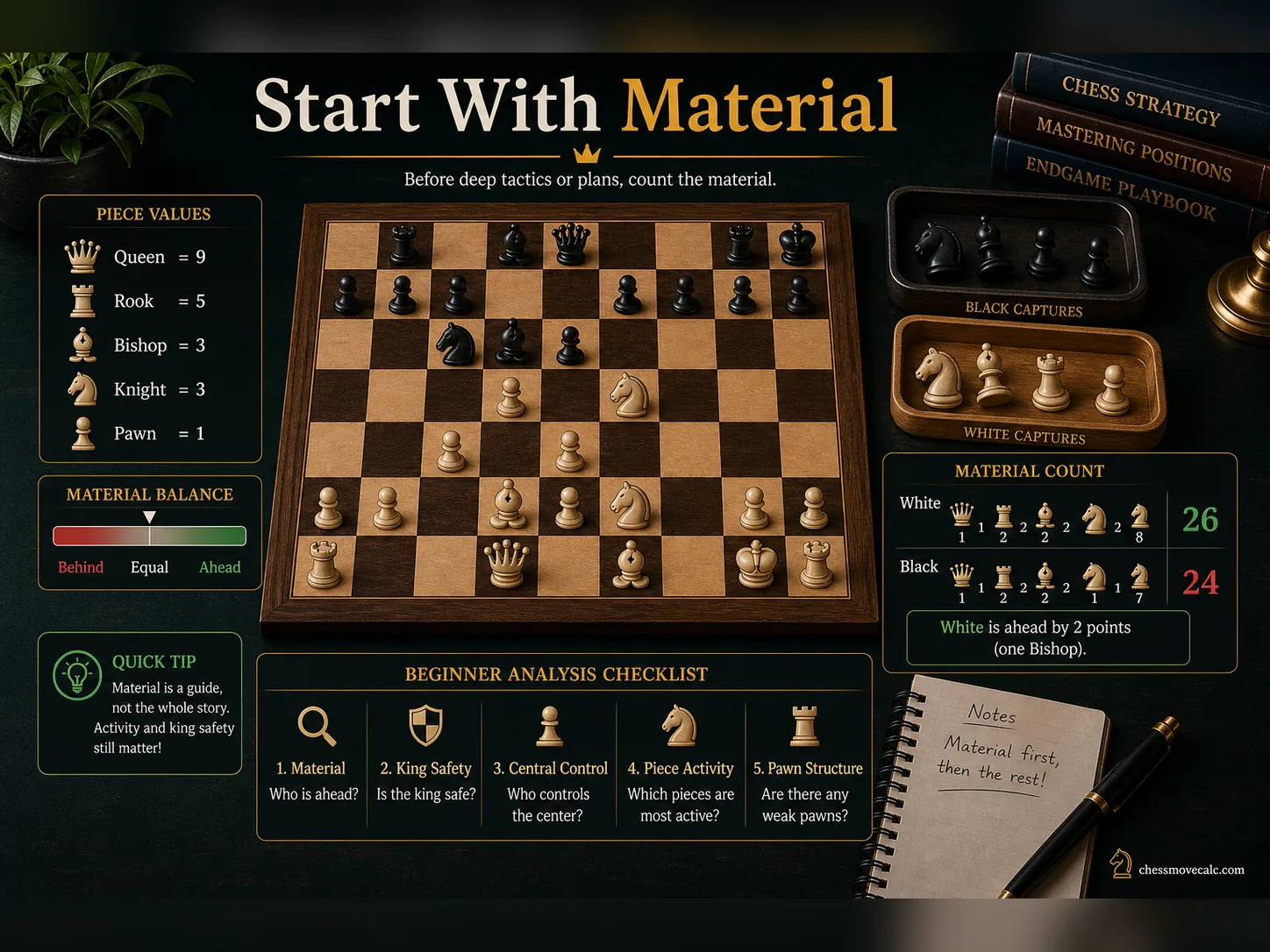Infographic explaining how to start chess position analysis with material count