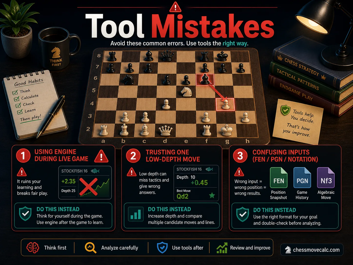Infographic showing common mistakes users make with chess solvers engines and calculators