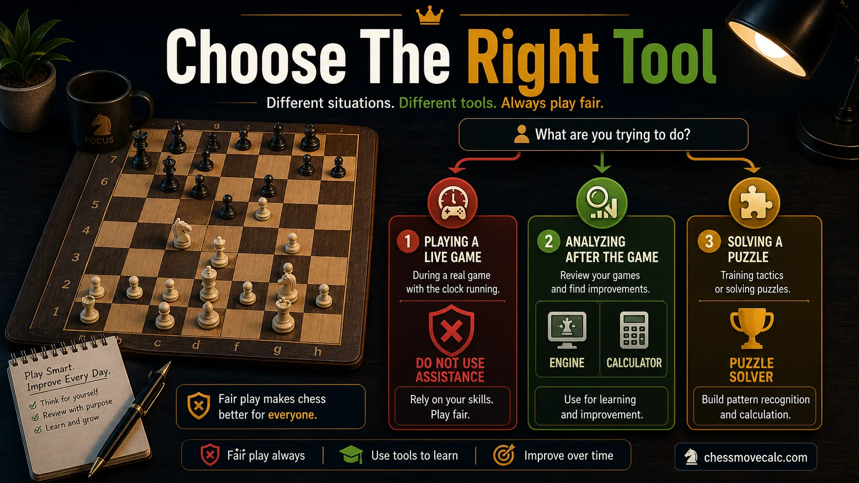 Decision tree infographic showing which chess tool to use for analysis, notation conversion, puzzle solving, or practice