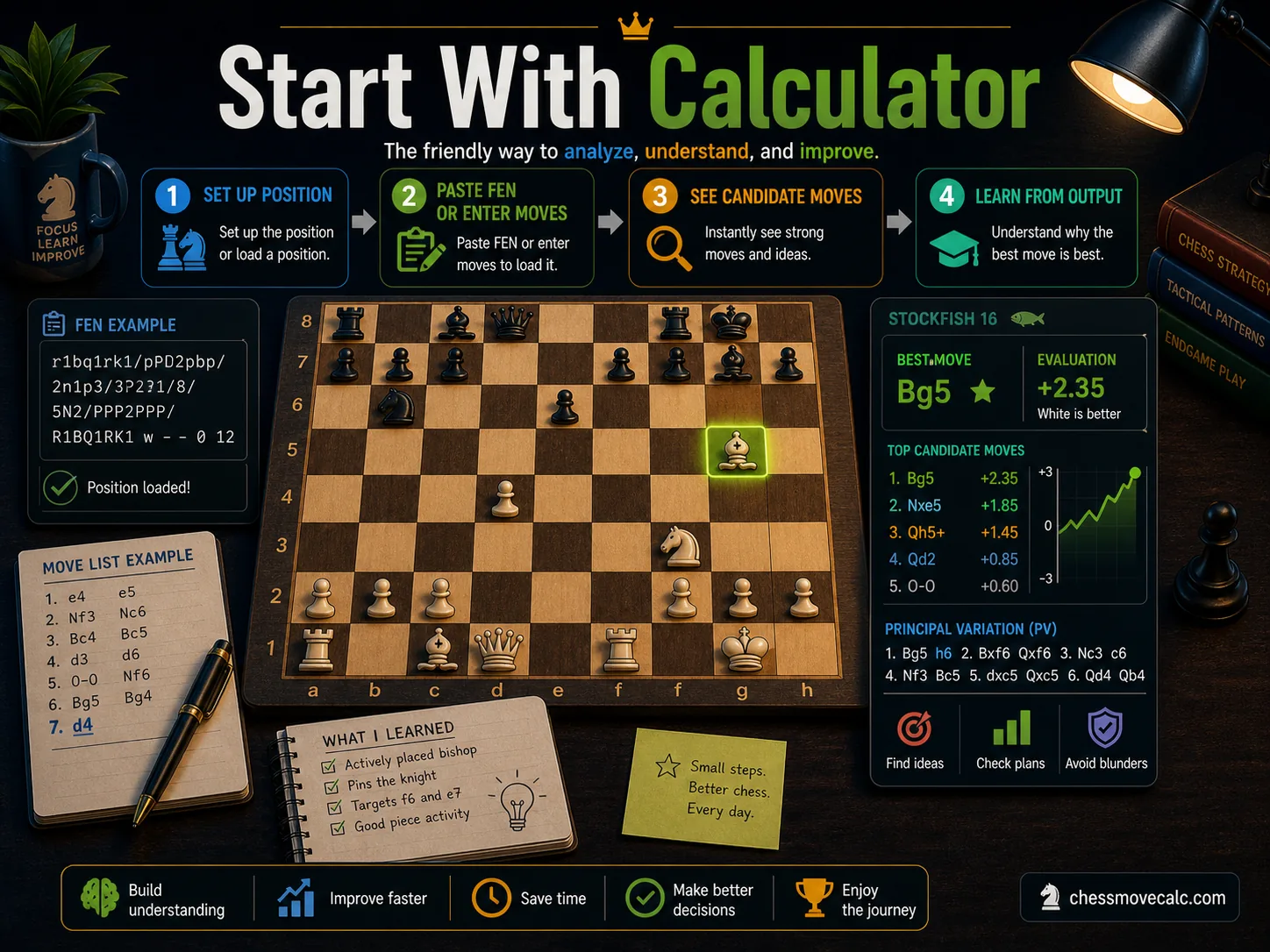 Infographic showing why most players start with a chess calculator before moving to deeper engine work