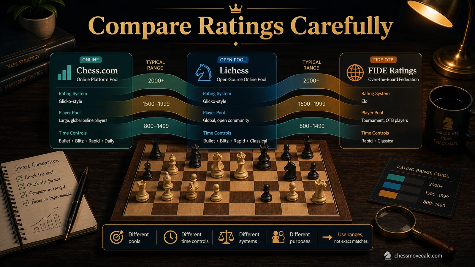 Chess.com vs Lichess vs FIDE Ratings hero infographic