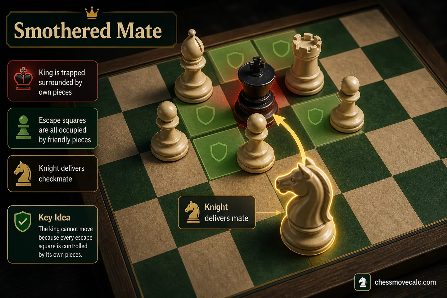 Mini-pattern graphic showing a knight mating a king boxed in by its own pieces