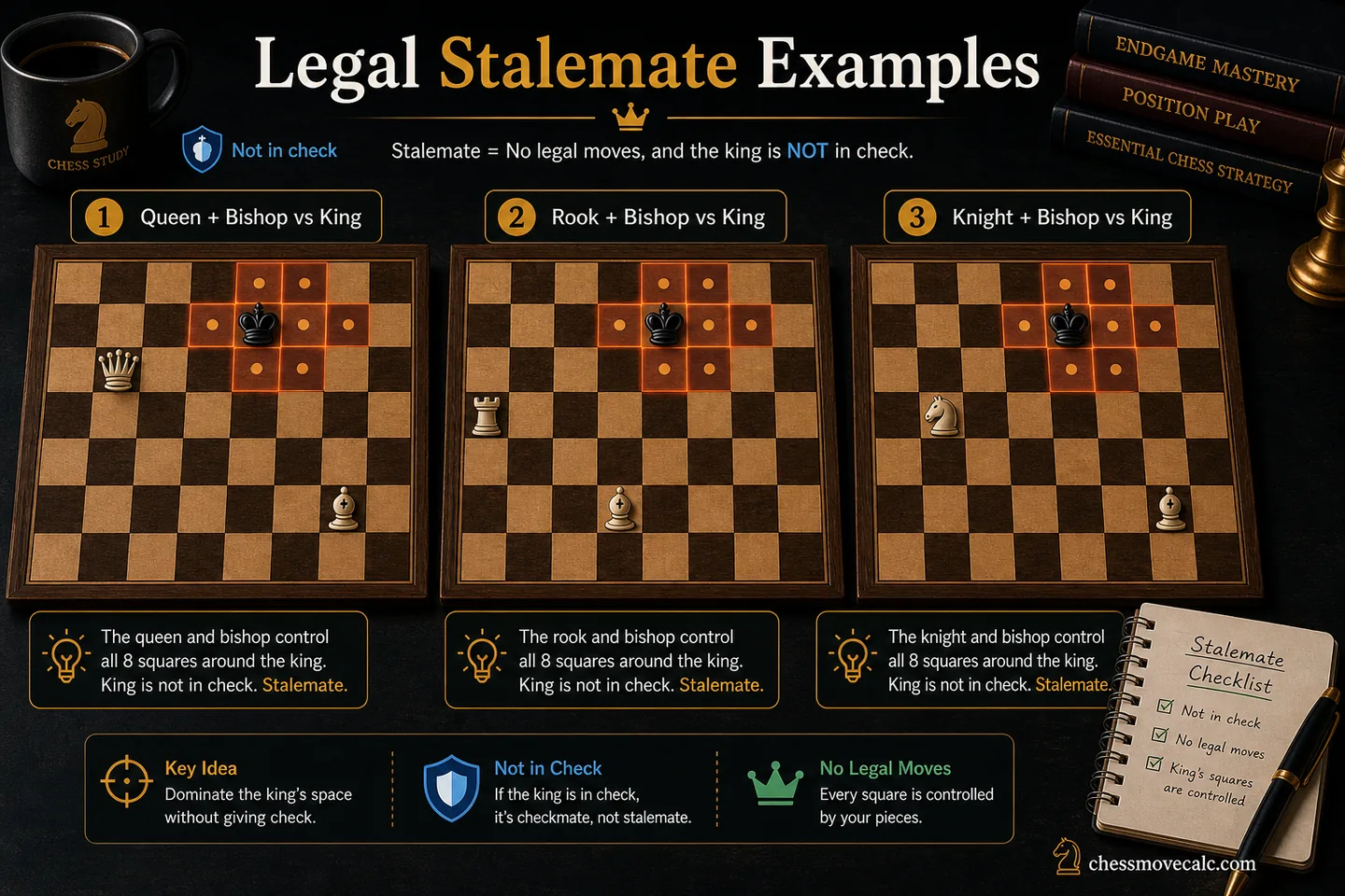 Board-grid graphic showing several legal stalemate examples with callouts