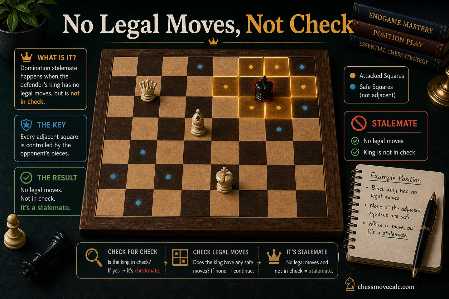 Concept graphic showing a king with all escape squares dominated but not checked