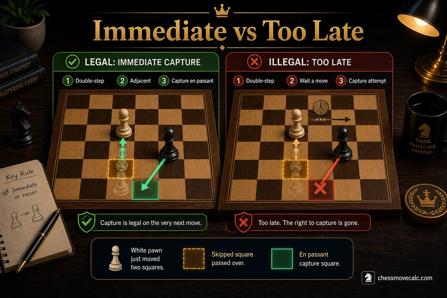 Comparison image showing one legal immediate capture and one illegal delayed attempt