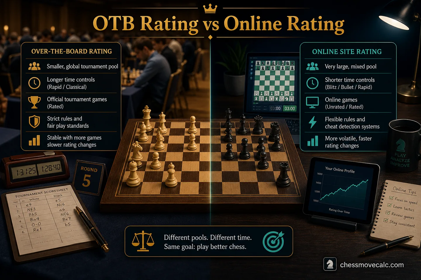 Comparison graphic showing official over-the-board ratings versus online site ratings