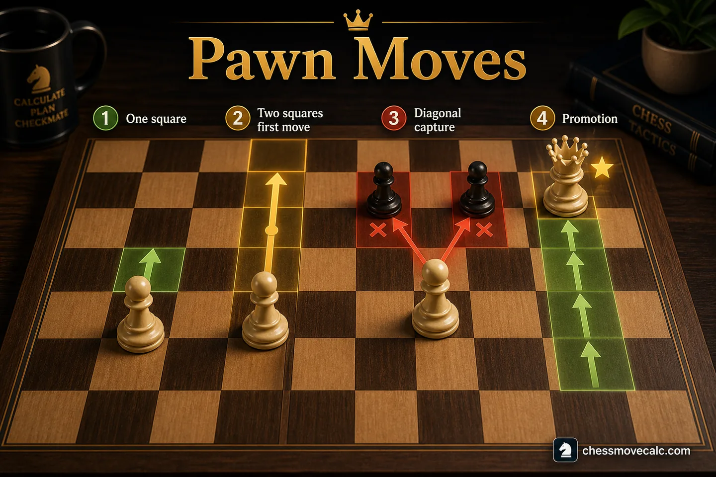 Educational image showing one-square move, two-square first move, diagonal capture, and promotion path