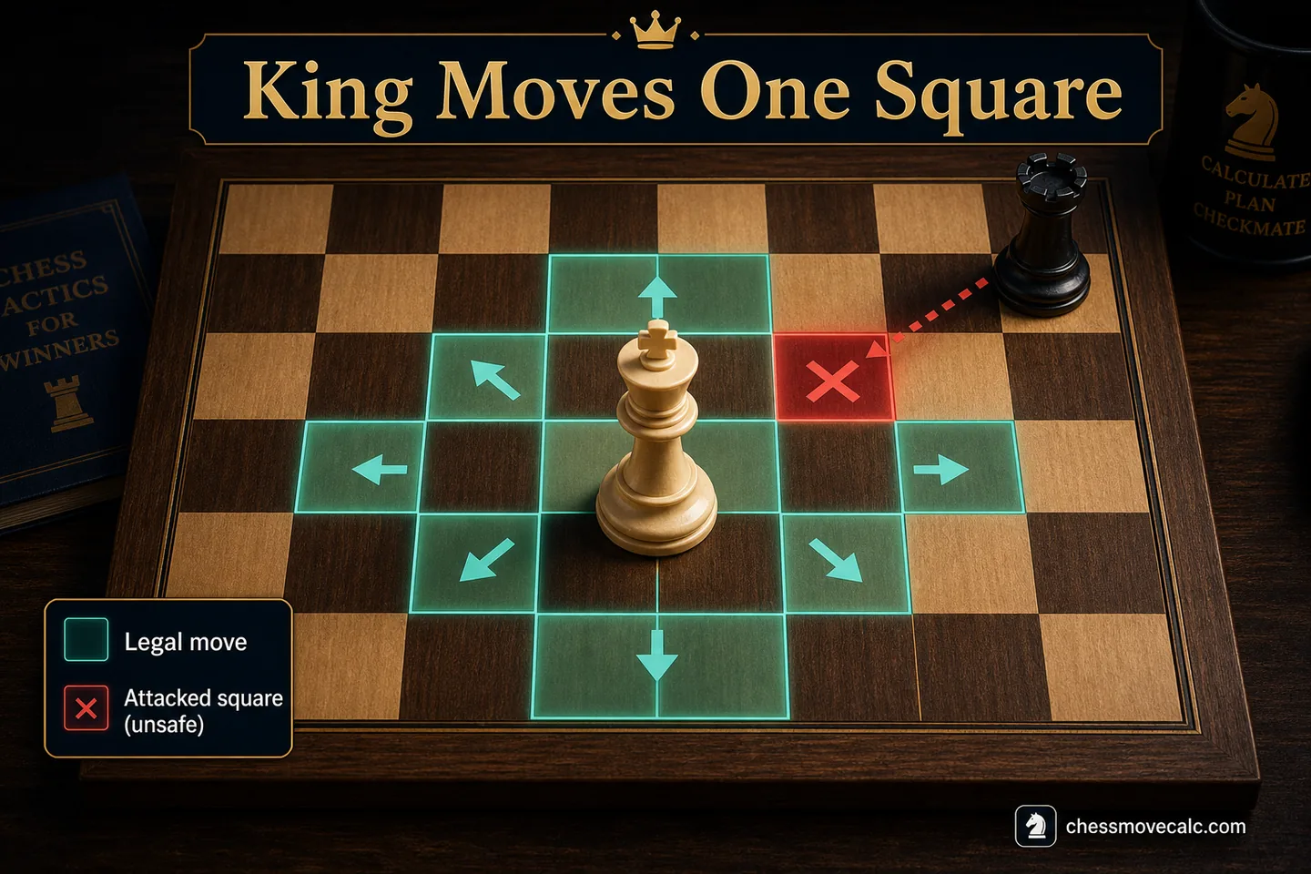 Mini-board graphic showing legal one-square king moves and the no-moving-into-check rule