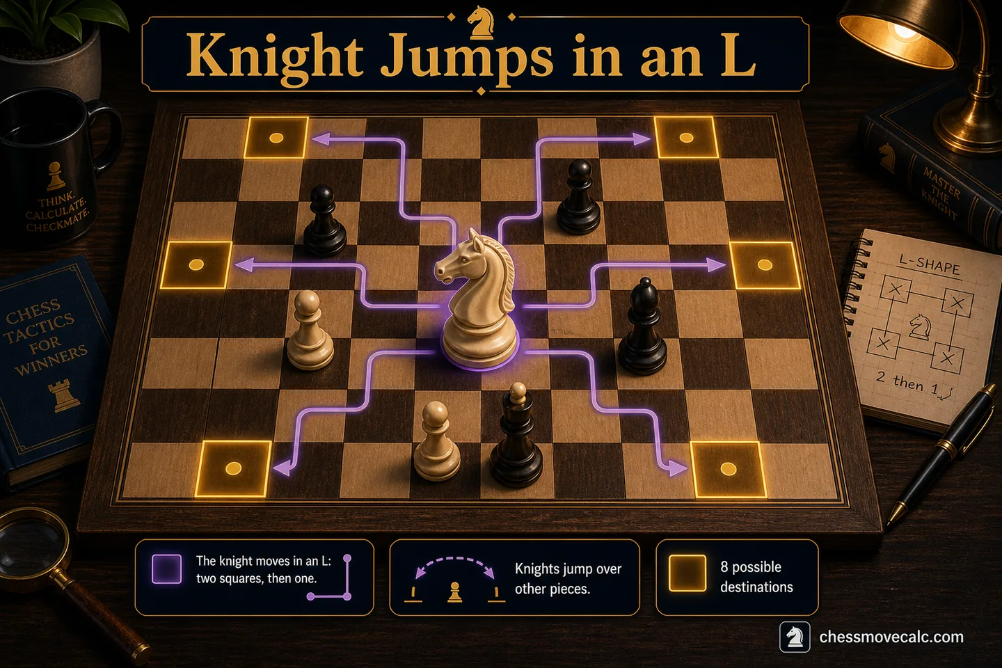 Visual explainer showing the knight’s L-shape and jumping ability