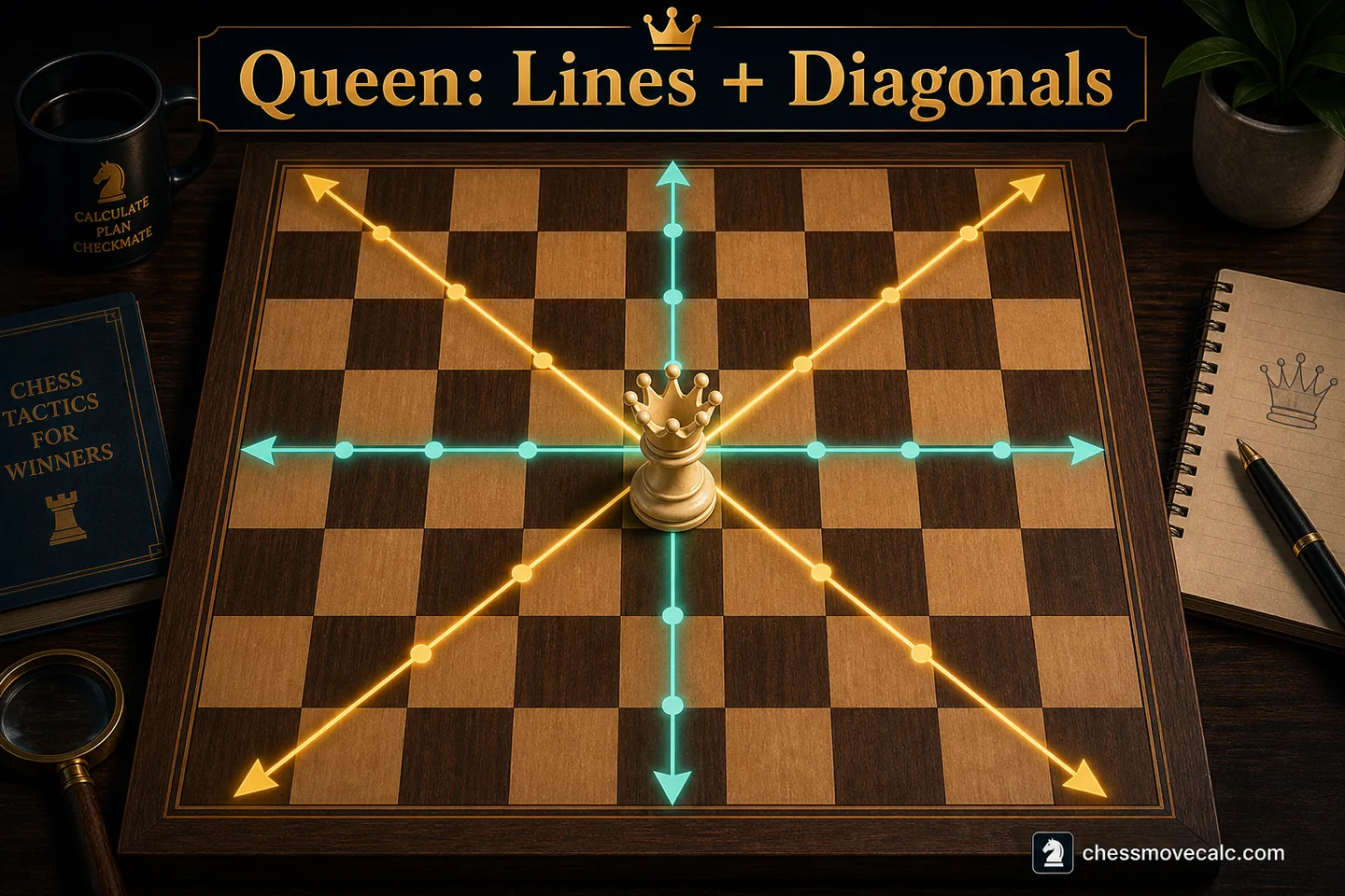 Mini-board graphic showing straight and diagonal queen movement