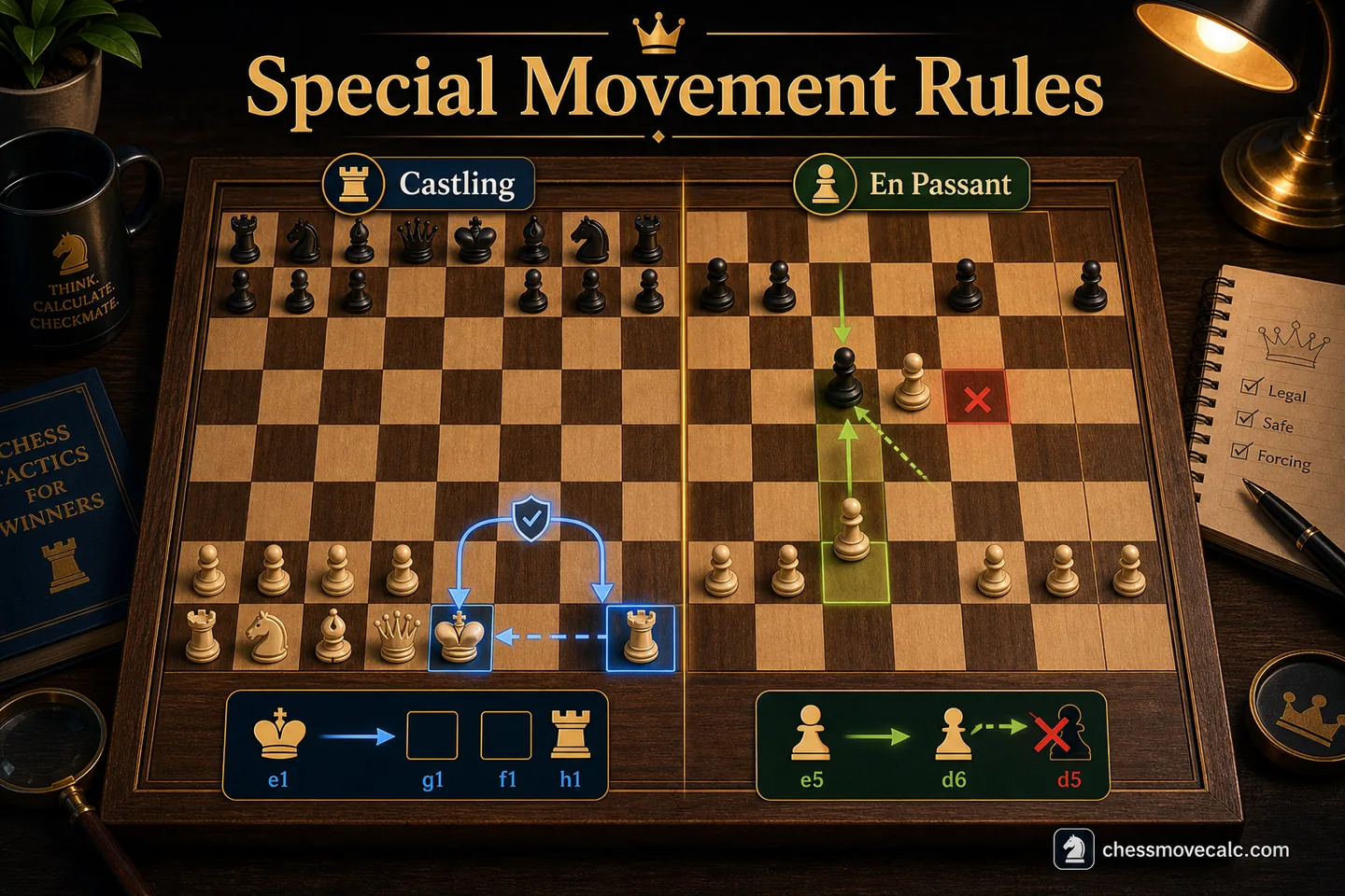 Summary image showing castling and en passant as special movement rules tied to normal piece behavior
