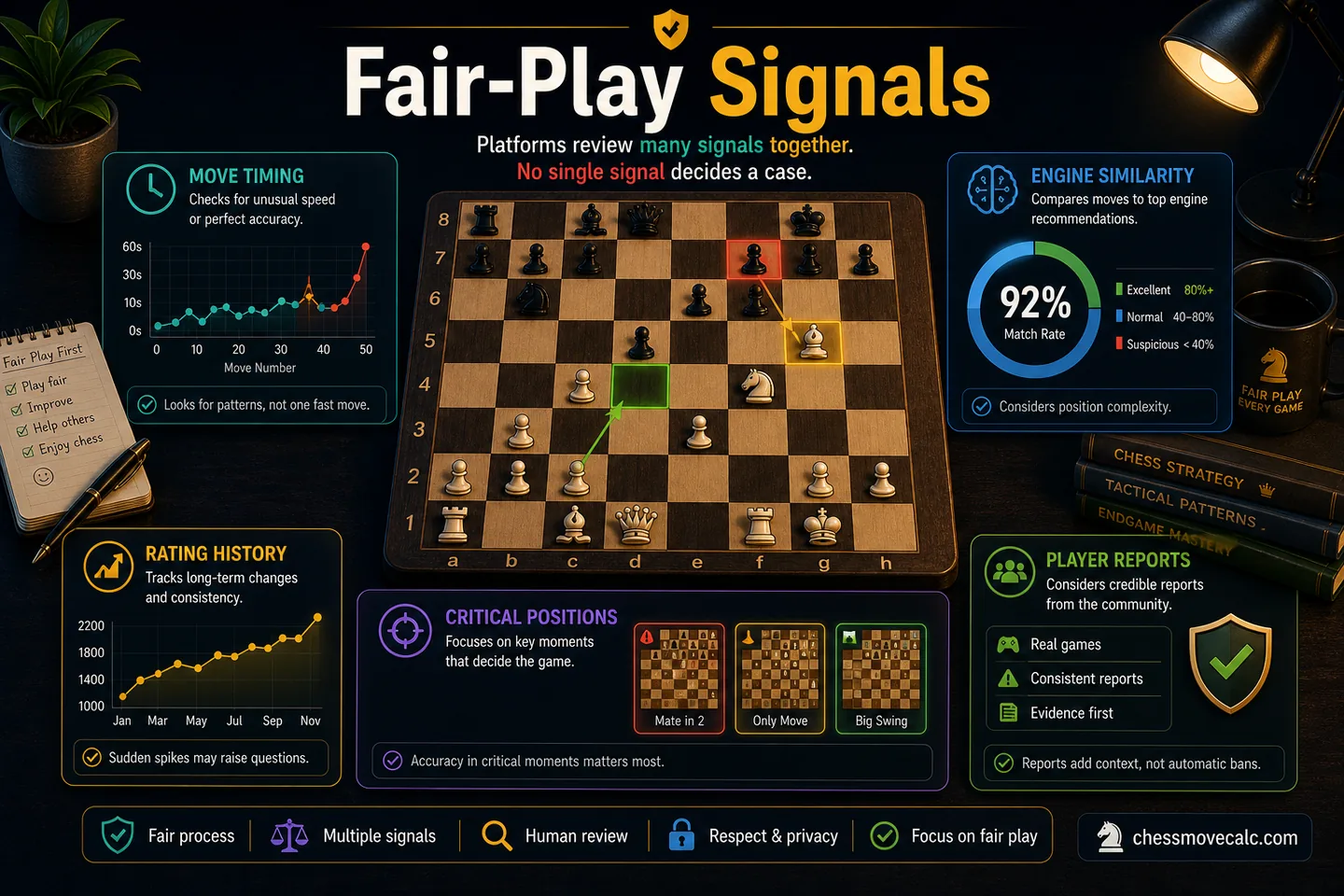 Educational graphic showing timing, consistency, account behavior, and multi-game patterns