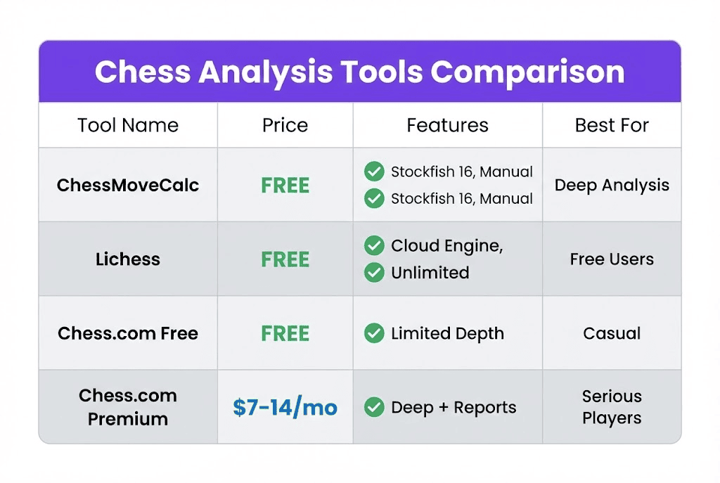 Comparison table of chess analysis tools showing ChessMoveCalc, Lichess, Chess.com Free, and Chess.com Premium with features and pricing