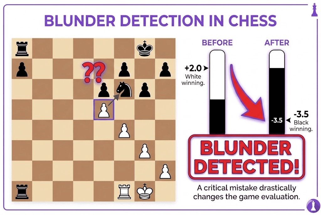 Example of blunder detection showing evaluation graph with dramatic swing from +2.0 to -3.5