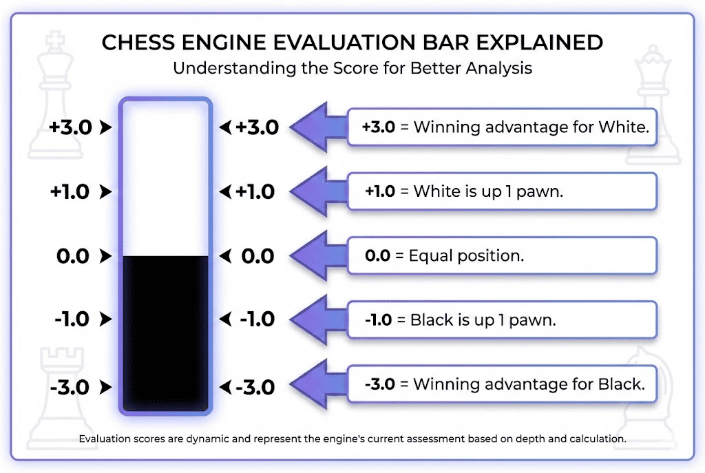 Chess engine evaluation bar explained showing score interpretations from -3.0 to +3.0