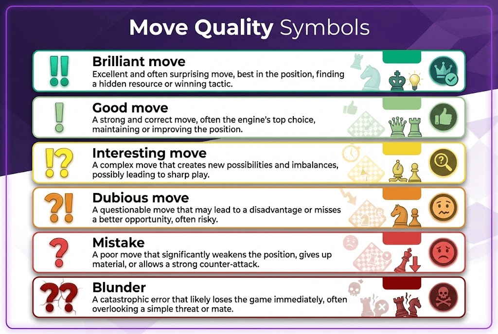 Chess move annotation symbols guide showing brilliant, good, interesting, dubious, mistake, and blunder with explanations