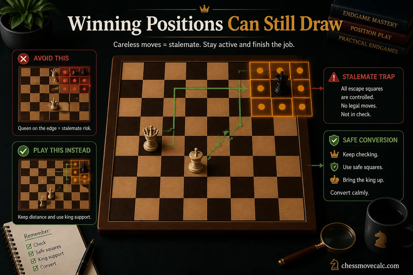 Practice graphic showing winning endgames with hidden stalemate traps
