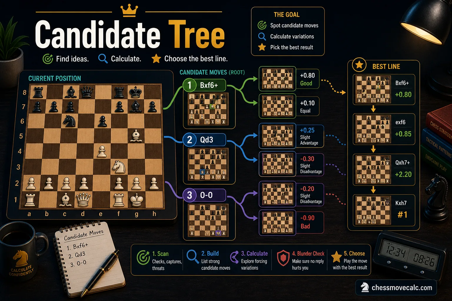 Infographic showing how to build a candidate move tree without calculating every legal move
