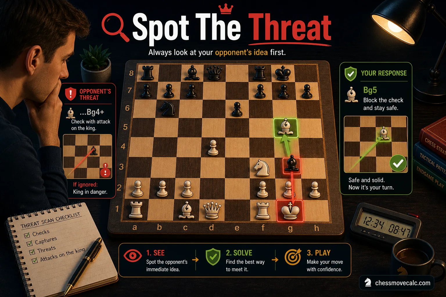 Infographic showing how to start next-move calculation by identifying the opponent's threat