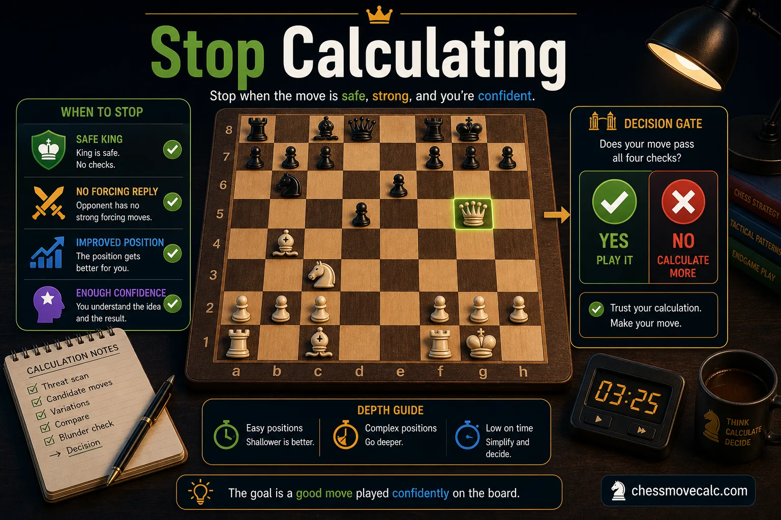 Infographic showing the signals that tell you when to stop calculating in chess