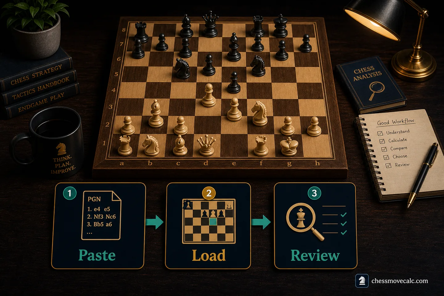 Branded workflow image showing notation conversion feeding position analysis on ChessMoveCalc