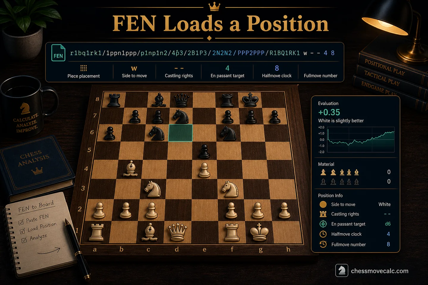 Practical image showing a FEN string loading into a board and analysis panel