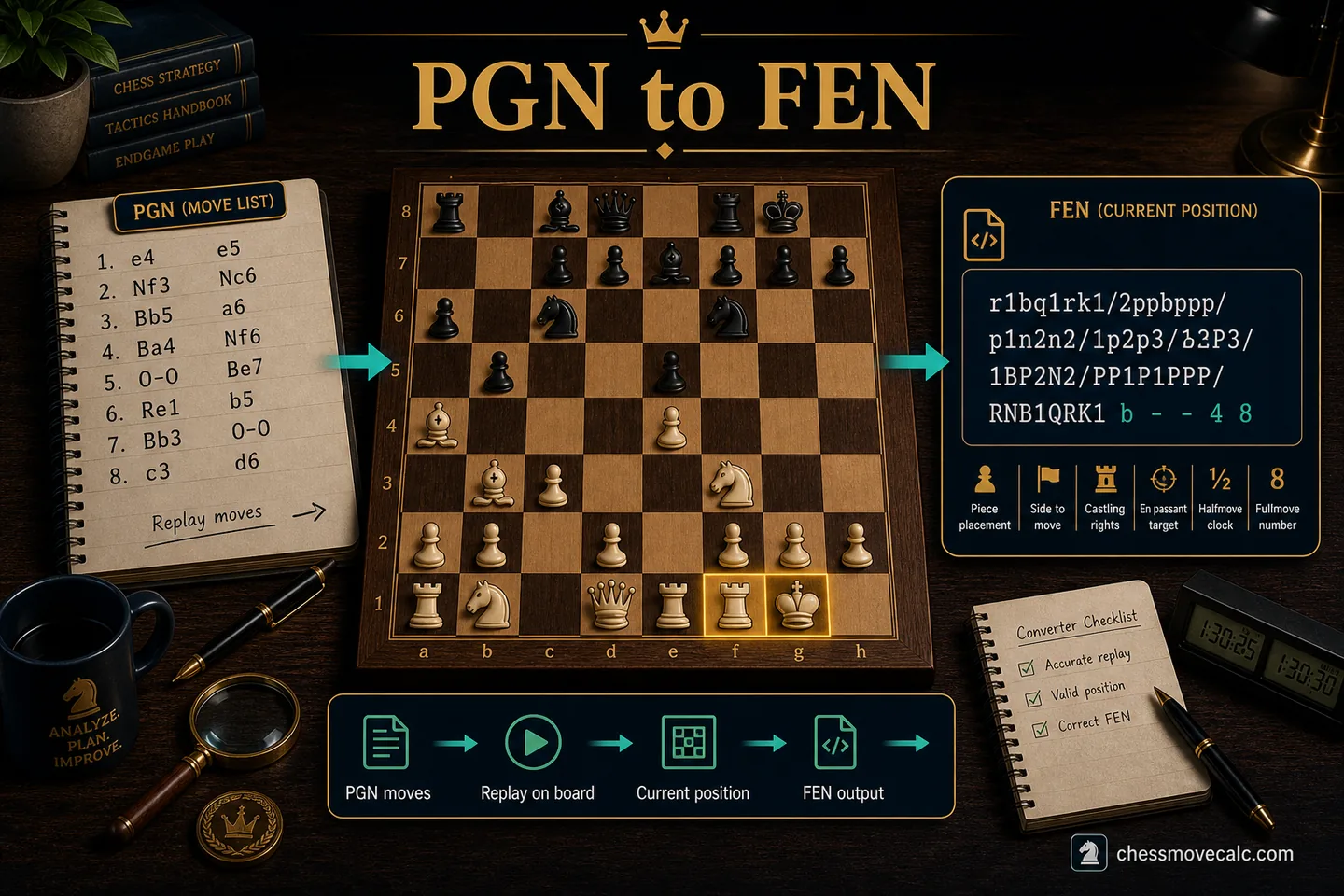 Workflow image showing a PGN move list producing a single FEN snapshot
