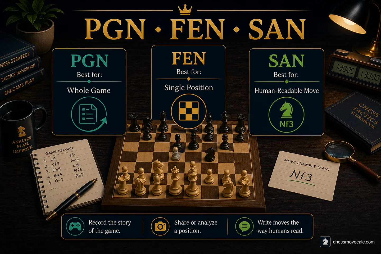 Comparison chart showing when PGN, FEN, or SAN is the best choice