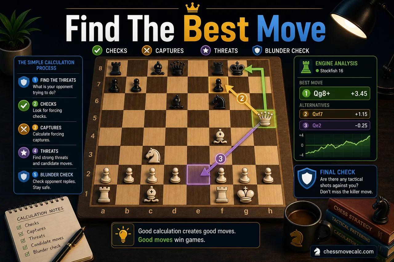 Infographic showing how to find the best chess move using checks, captures, threats, candidate moves, and a blunder check
