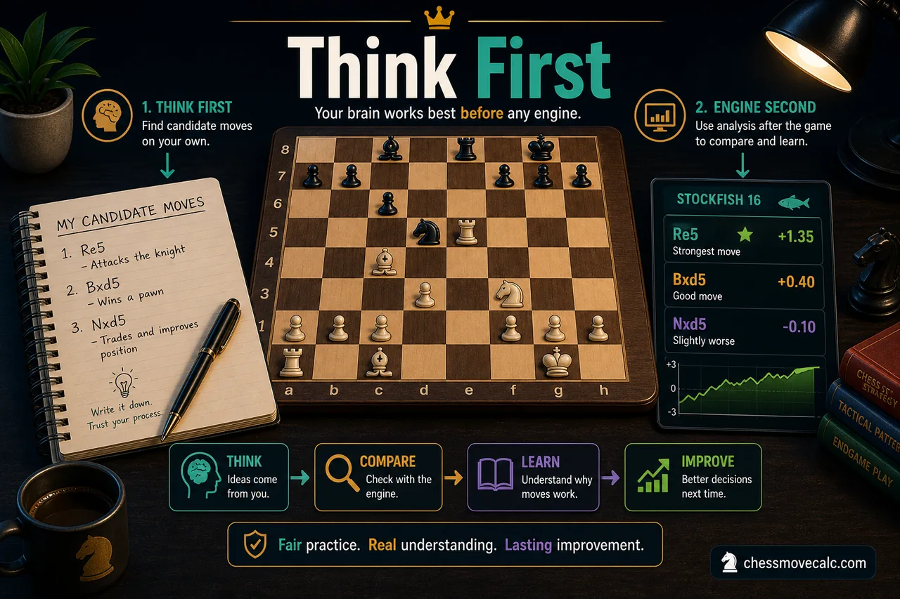 Think first engine second infographic for using chess engine analysis properly