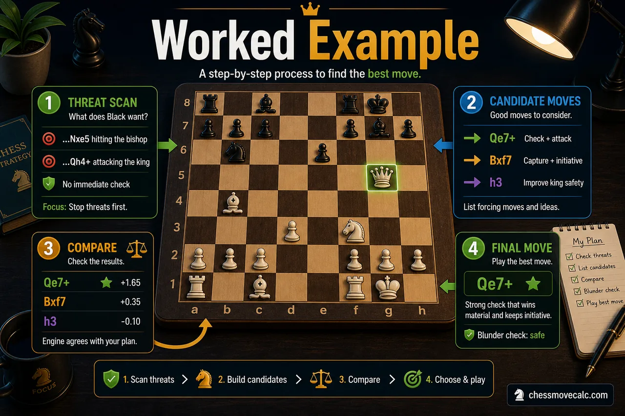 Worked example infographic showing how to find the best move in a chess position