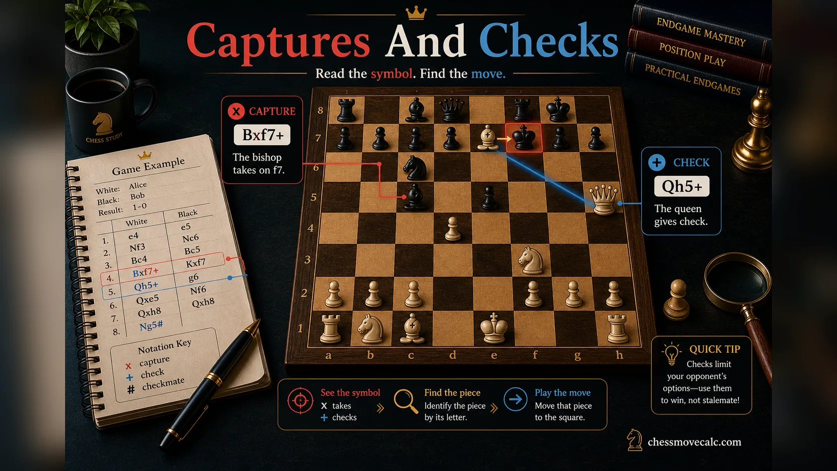 Infographic showing how to read captures and checks in algebraic notation
