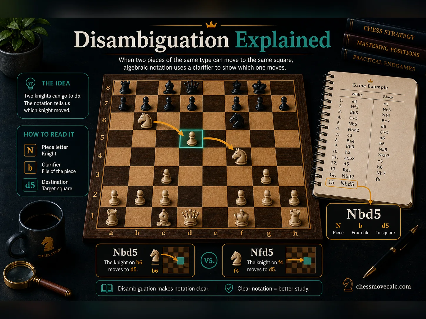 Infographic explaining how disambiguation works when two pieces can move to the same square