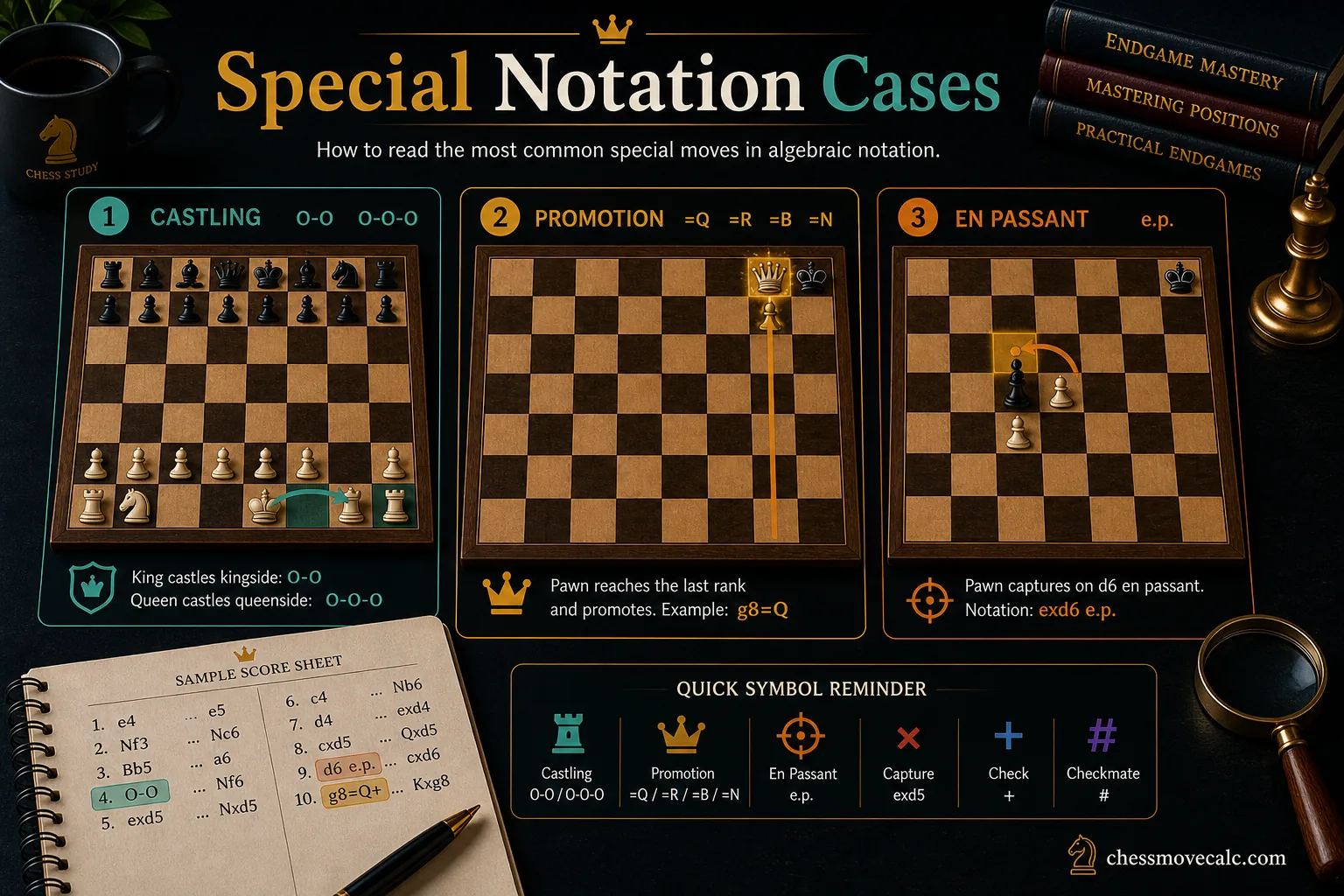 Infographic showing castling promotion and en passant notation examples